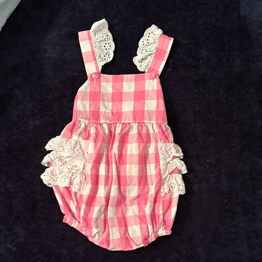 Darling Mae RicRac & Ruffles Pink and White Gingham 3T Bubble